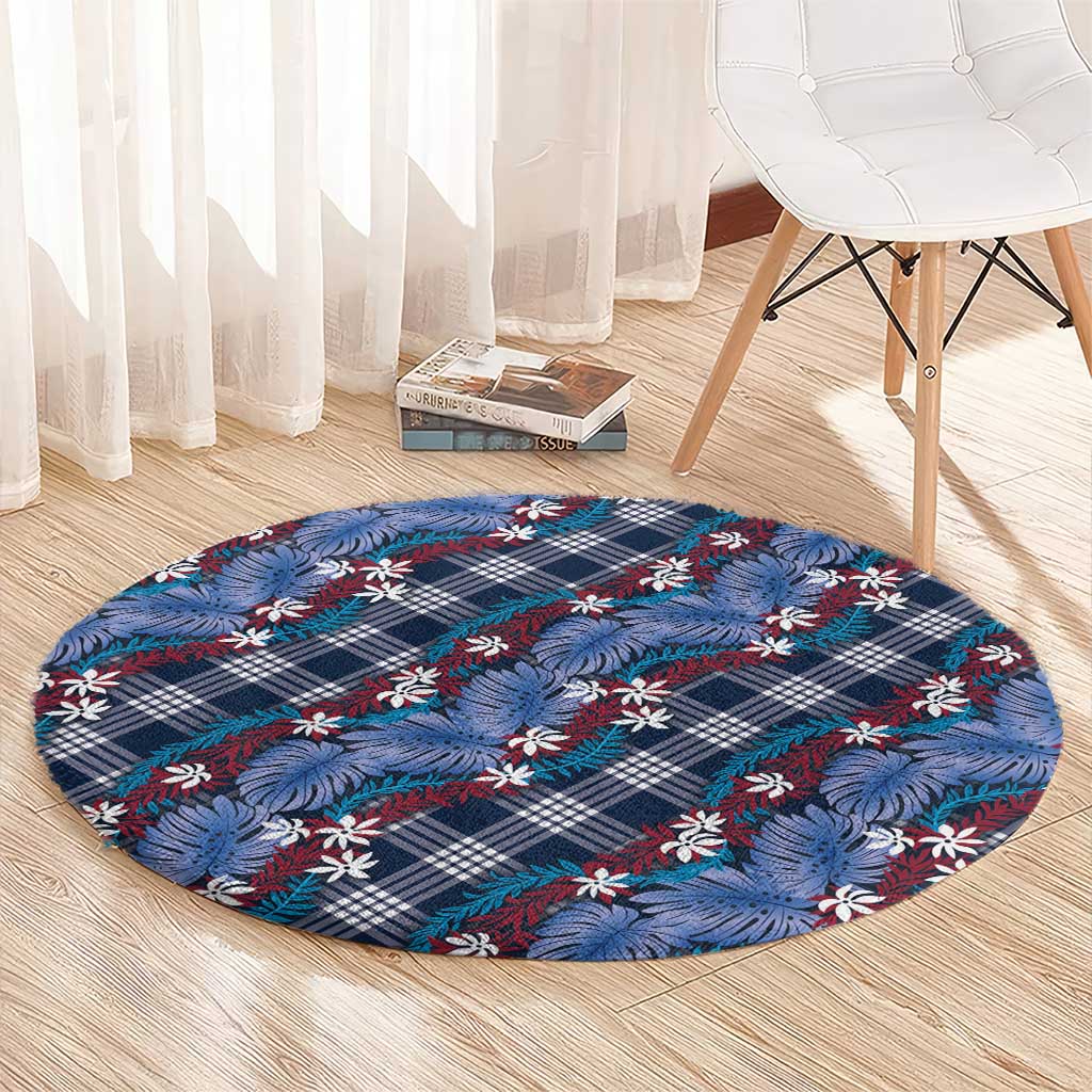 Polynesian Monstera Tiare Floral Round Carpet Royal Blue Tropical Plaid - Polynesian Pride