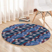 Polynesian Monstera Tiare Floral Round Carpet Royal Blue Tropical Plaid - Polynesian Pride