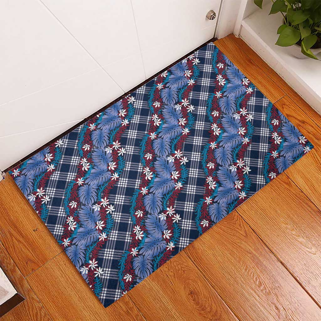 Polynesian Monstera Tiare Floral Rubber Doormat Royal Blue Tropical Plaid LT01 - Polynesian Pride