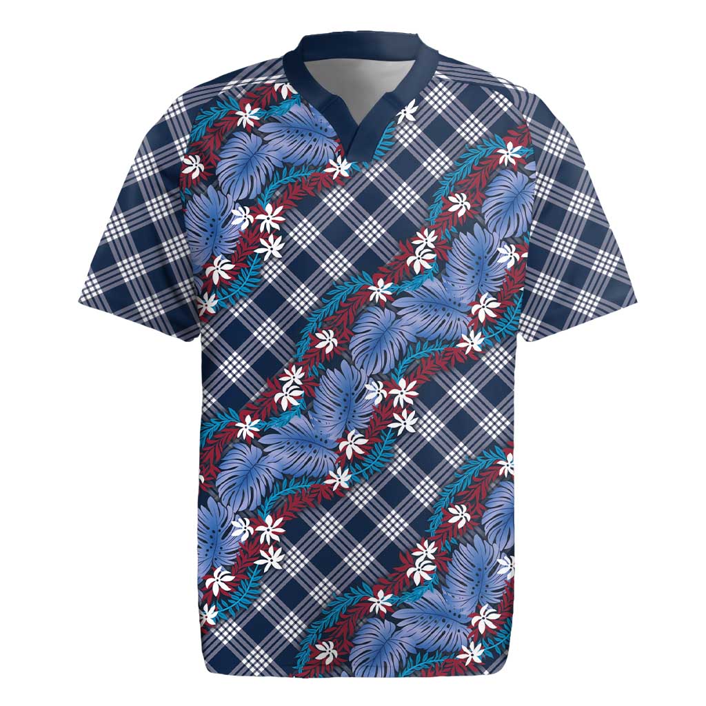 Polynesian Monstera Tiare Floral Rugby Jersey Royal Blue Tropical Plaid - Polynesian Pride