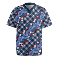 Polynesian Monstera Tiare Floral Rugby Jersey Royal Blue Tropical Plaid - Polynesian Pride