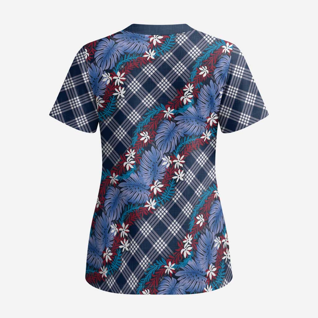 Polynesian Monstera Tiare Floral Scrub Top Royal Blue Tropical Plaid LT01 - Polynesian Pride