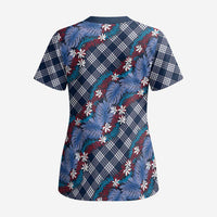 Polynesian Monstera Tiare Floral Scrub Top Royal Blue Tropical Plaid LT01 - Polynesian Pride