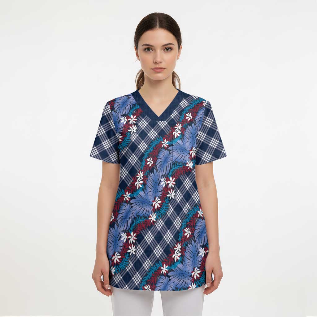 Polynesian Monstera Tiare Floral Scrub Top Royal Blue Tropical Plaid LT01 - Polynesian Pride