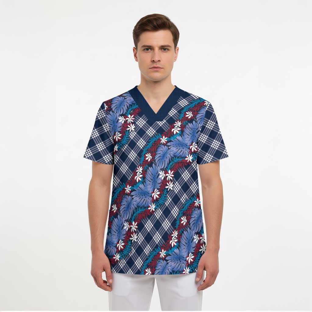 Polynesian Monstera Tiare Floral Scrub Top Royal Blue Tropical Plaid LT01 - Polynesian Pride