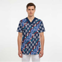 Polynesian Monstera Tiare Floral Scrub Top Royal Blue Tropical Plaid LT01 - Polynesian Pride