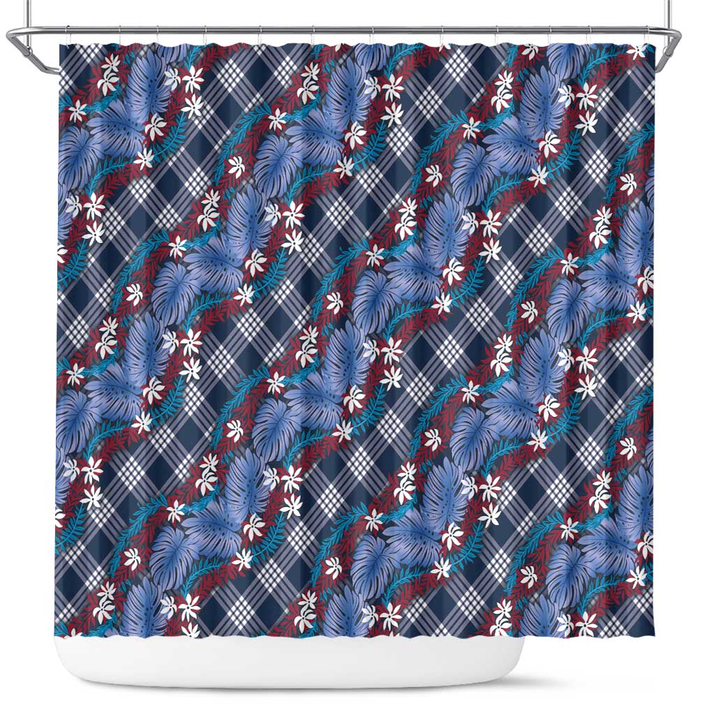 Polynesian Monstera Tiare Floral Shower Curtain Royal Blue Tropical Plaid - Polynesian Pride
