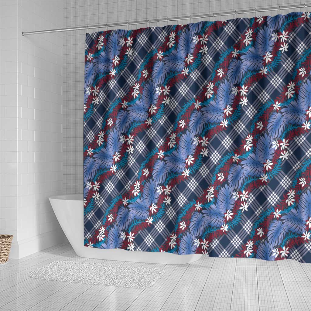 Polynesian Monstera Tiare Floral Shower Curtain Royal Blue Tropical Plaid - Polynesian Pride