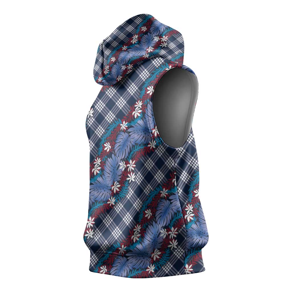 Polynesian Monstera Tiare Floral Sleeveless Hoodie Royal Blue Tropical Plaid LT01 - Polynesian Pride