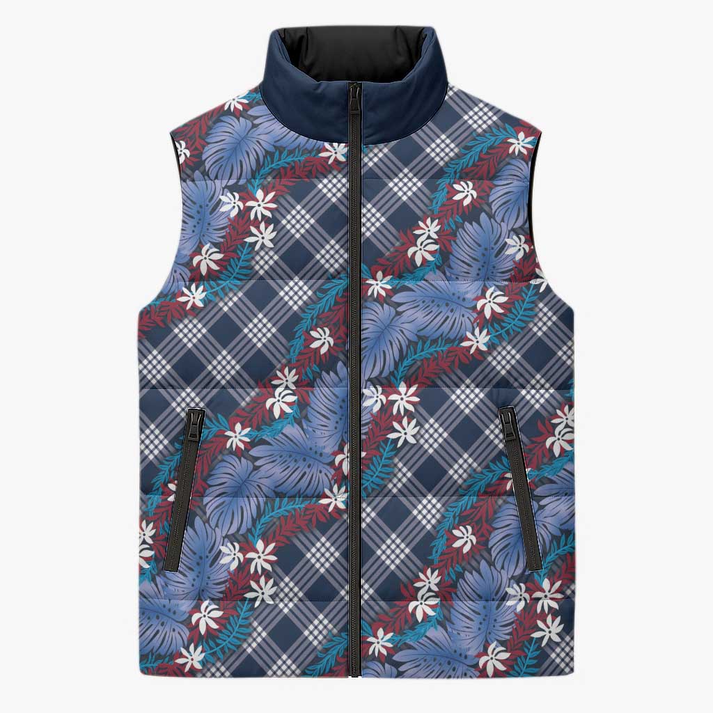 Polynesian Monstera Tiare Floral Sleeveless Puffer Jacket Royal Blue Tropical Plaid LT01 Unisex Blue - Polynesian Pride