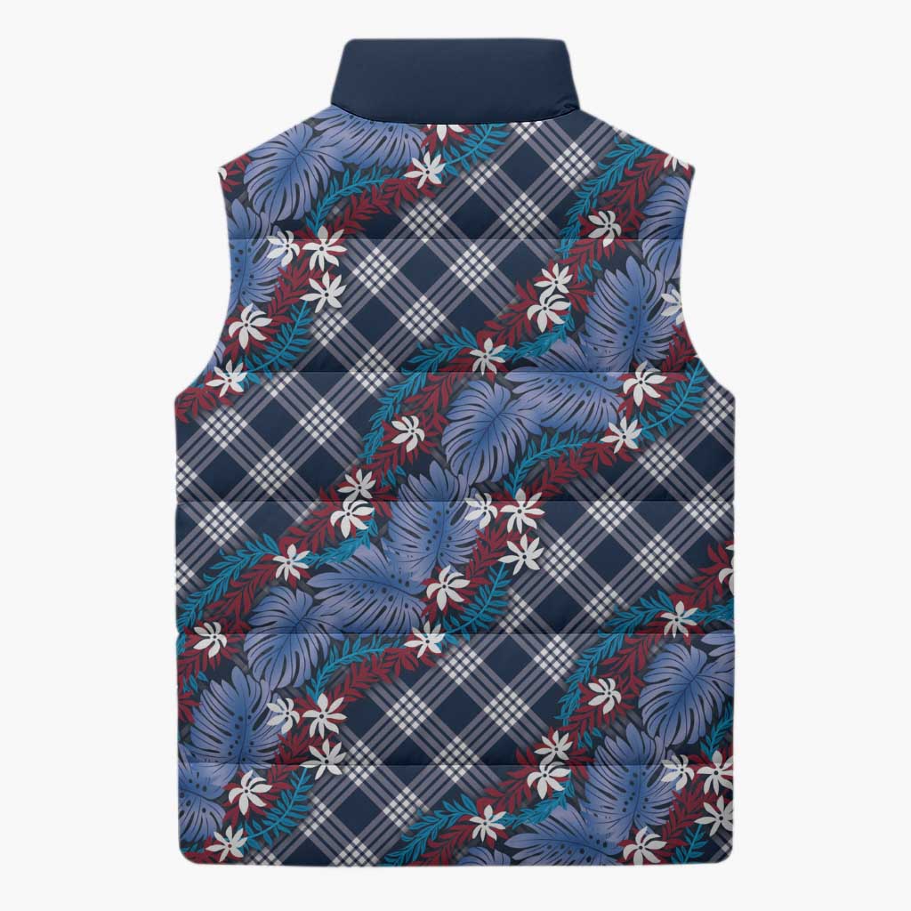 Polynesian Monstera Tiare Floral Sleeveless Puffer Jacket Royal Blue Tropical Plaid LT01 - Polynesian Pride