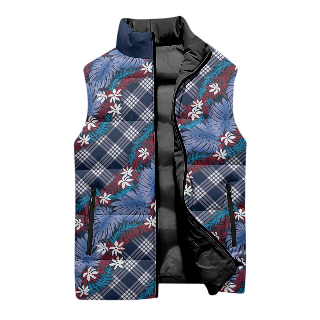 Polynesian Monstera Tiare Floral Sleeveless Puffer Jacket Royal Blue Tropical Plaid LT01 - Polynesian Pride