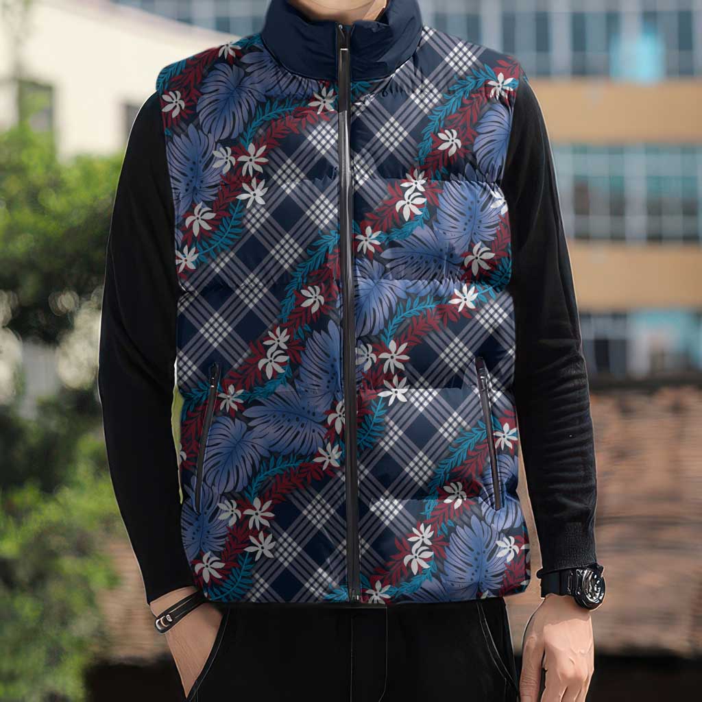Polynesian Monstera Tiare Floral Sleeveless Puffer Jacket Royal Blue Tropical Plaid LT01 - Polynesian Pride