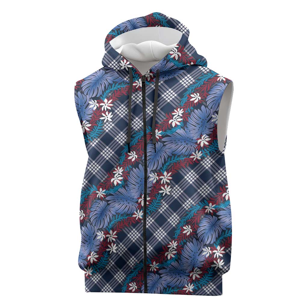 Polynesian Monstera Tiare Floral Sleeveless Zip Hoodie Royal Blue Tropical Plaid LT01 Blue - Polynesian Pride