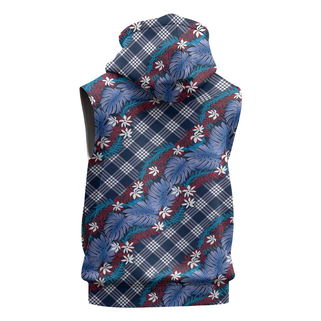 Polynesian Monstera Tiare Floral Sleeveless Zip Hoodie Royal Blue Tropical Plaid LT01 - Polynesian Pride