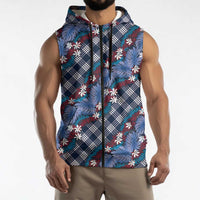 Polynesian Monstera Tiare Floral Sleeveless Zip Hoodie Royal Blue Tropical Plaid LT01 - Polynesian Pride