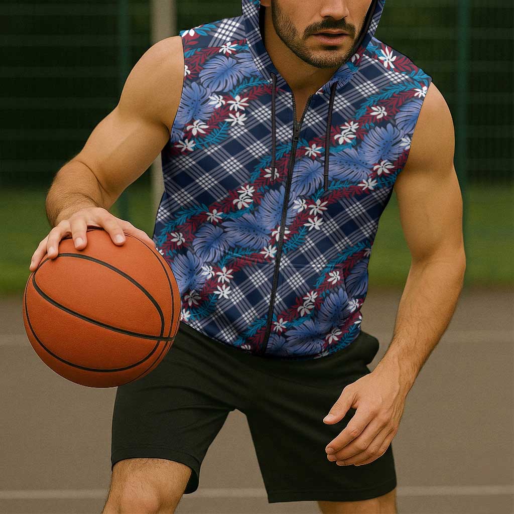 Polynesian Monstera Tiare Floral Sleeveless Zip Hoodie Royal Blue Tropical Plaid LT01 - Polynesian Pride