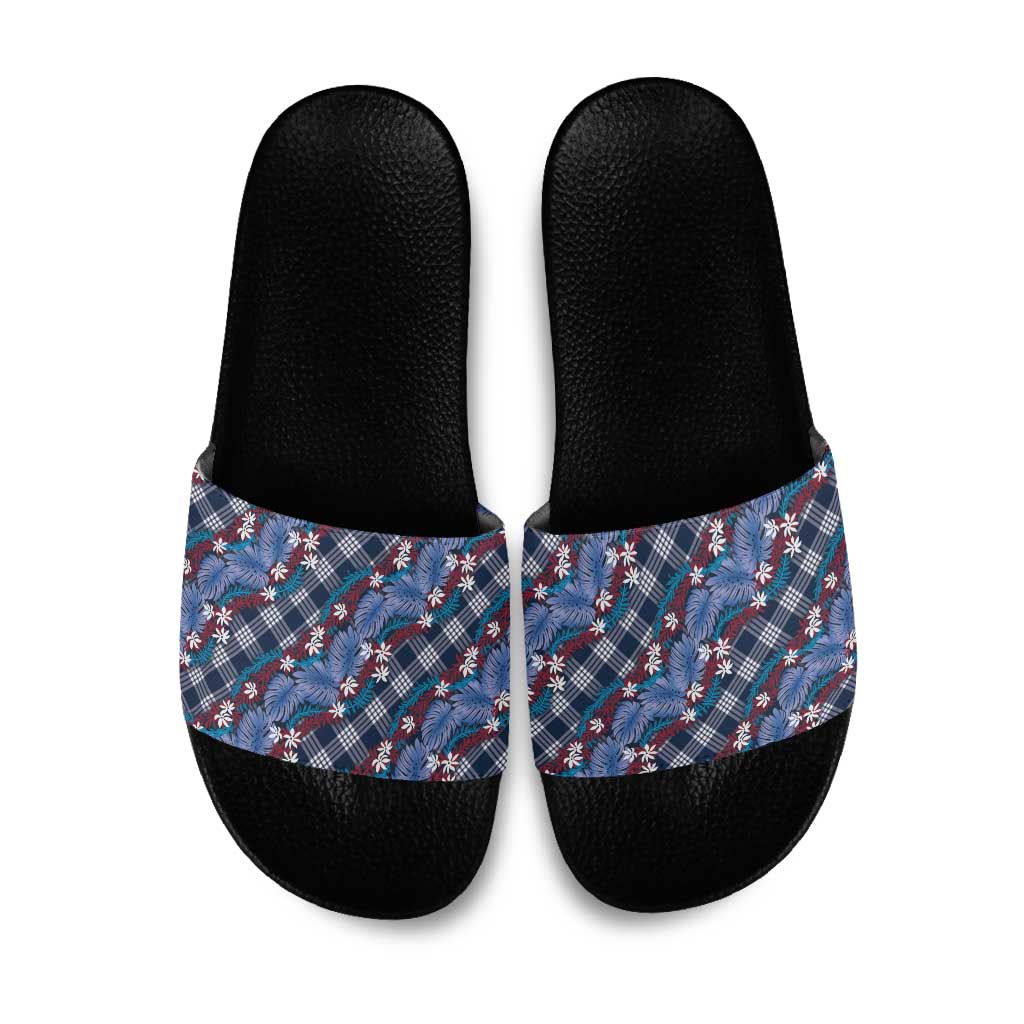 Polynesian Monstera Tiare Floral Slide Sandals Royal Blue Tropical Plaid - Polynesian Pride