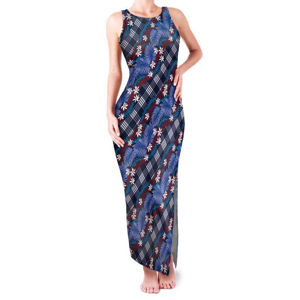 Polynesian Monstera Tiare Floral Tank Maxi Dress Royal Blue Tropical Plaid LT01 Women Blue - Polynesian Pride