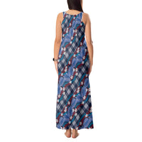 Polynesian Monstera Tiare Floral Tank Maxi Dress Royal Blue Tropical Plaid LT01 - Polynesian Pride