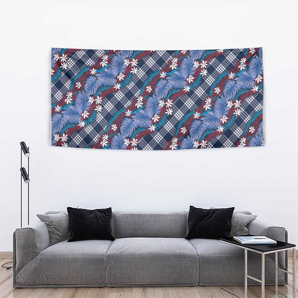 Polynesian Monstera Tiare Floral Tapestry Royal Blue Tropical Plaid - Polynesian Pride