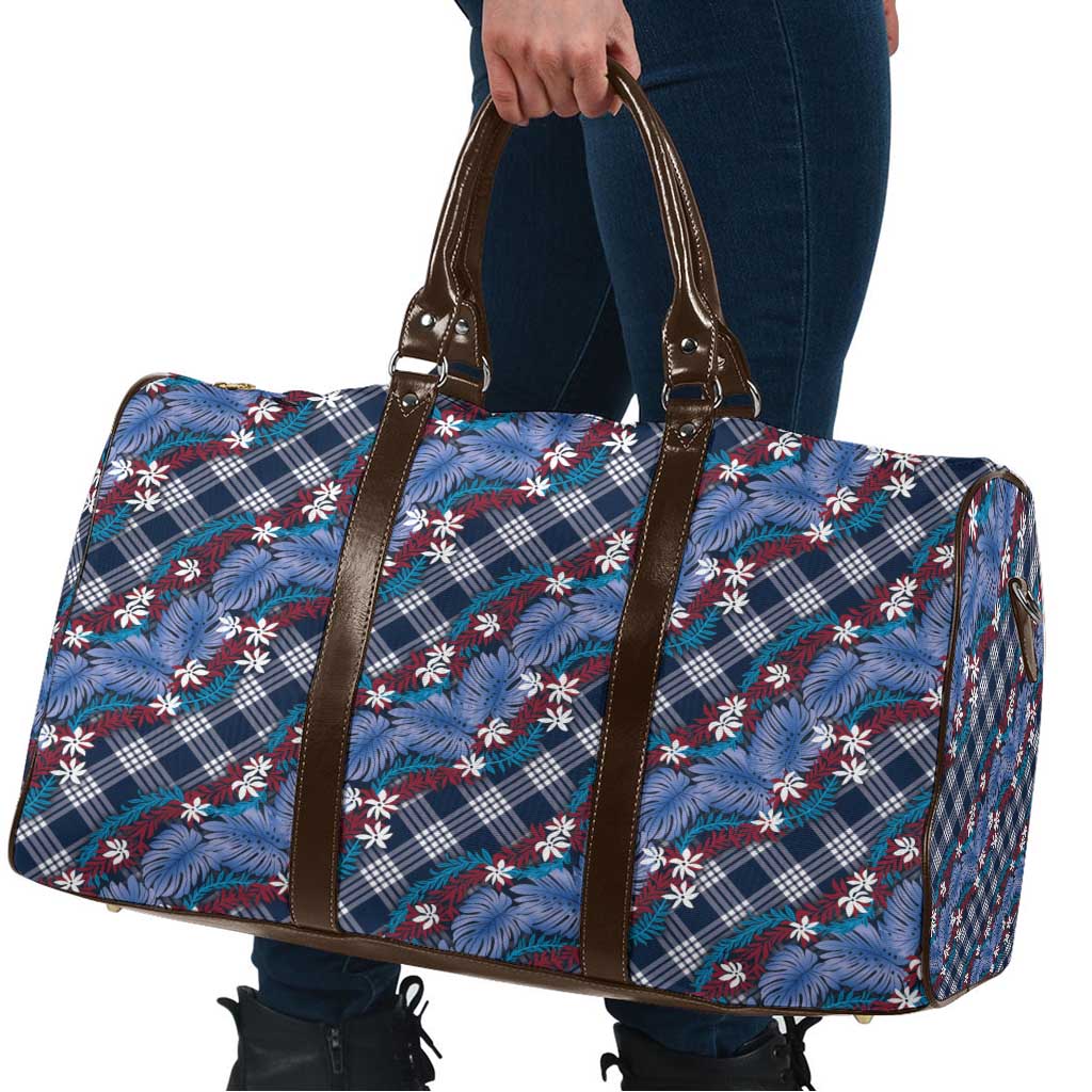 Polynesian Monstera Tiare Floral Travel Bag Royal Blue Tropical Plaid - Polynesian Pride