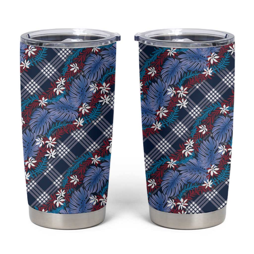 Polynesian Monstera Tiare Floral Tumbler Cup Royal Blue Tropical Plaid LT01 Blue - Polynesian Pride