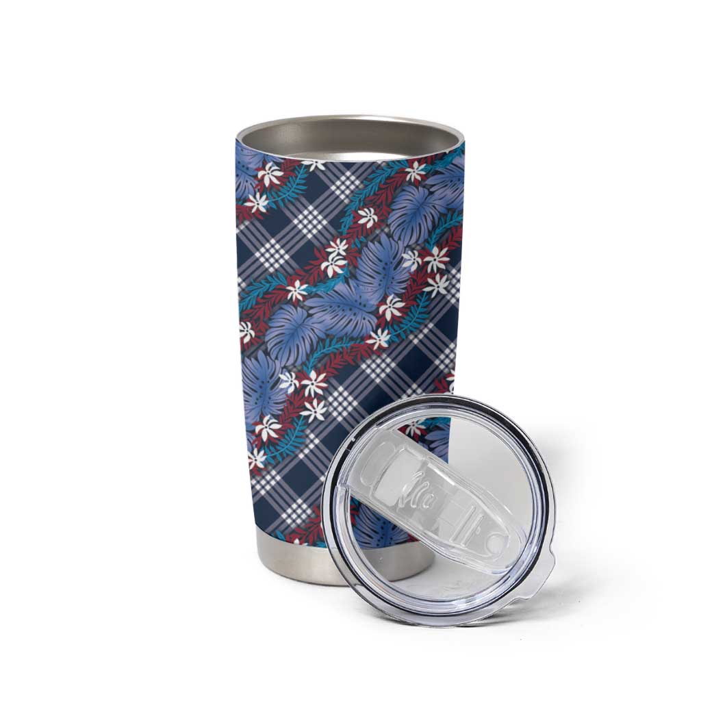 Polynesian Monstera Tiare Floral Tumbler Cup Royal Blue Tropical Plaid LT01 - Polynesian Pride