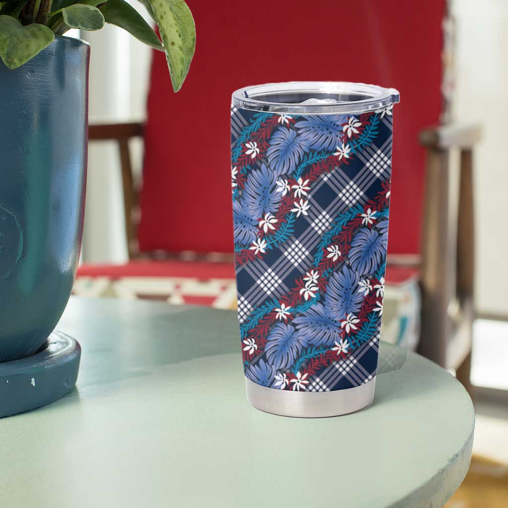 Polynesian Monstera Tiare Floral Tumbler Cup Royal Blue Tropical Plaid LT01 - Polynesian Pride