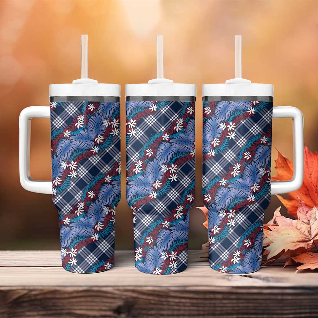Polynesian Monstera Tiare Floral Tumbler With Handle Royal Blue Tropical Plaid - Polynesian Pride