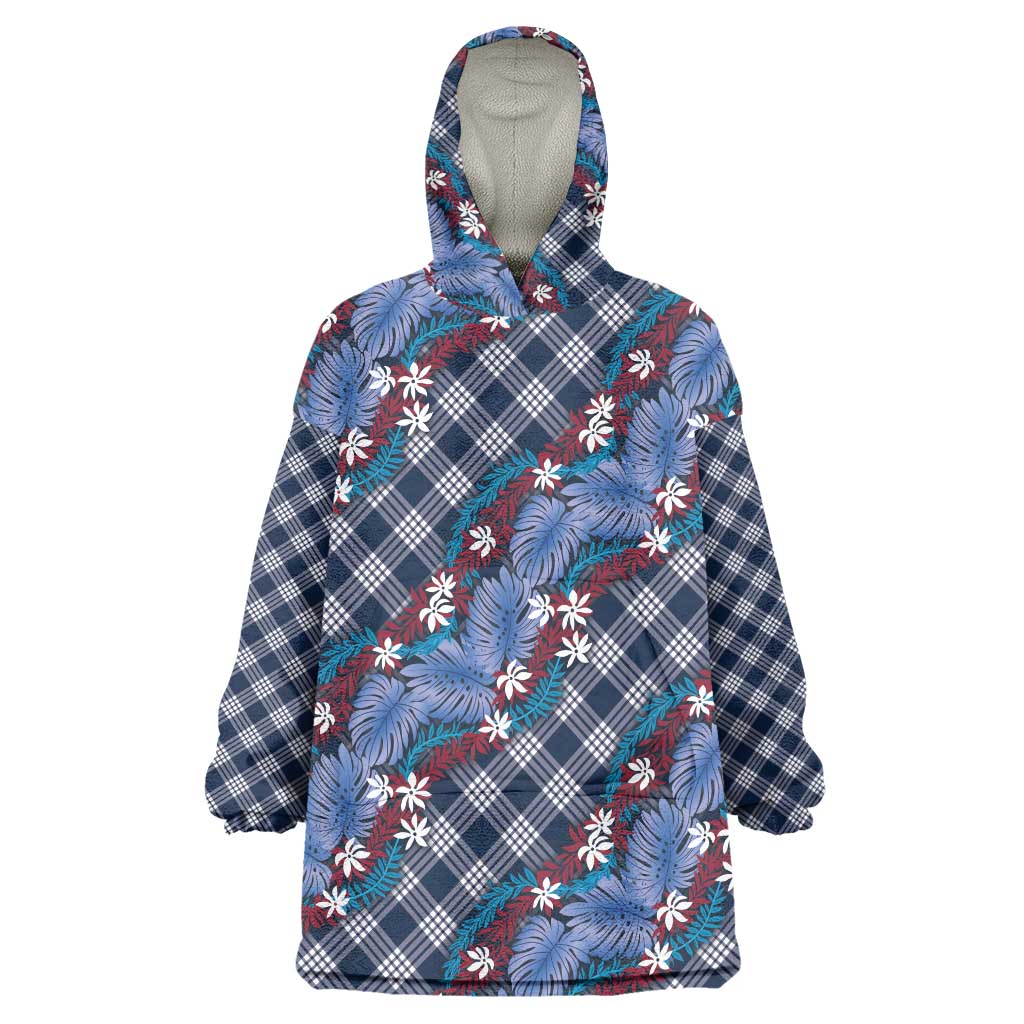 Polynesian Monstera Tiare Floral Wearable Blanket Hoodie Royal Blue Tropical Plaid LT01 One Size Blue - Polynesian Pride