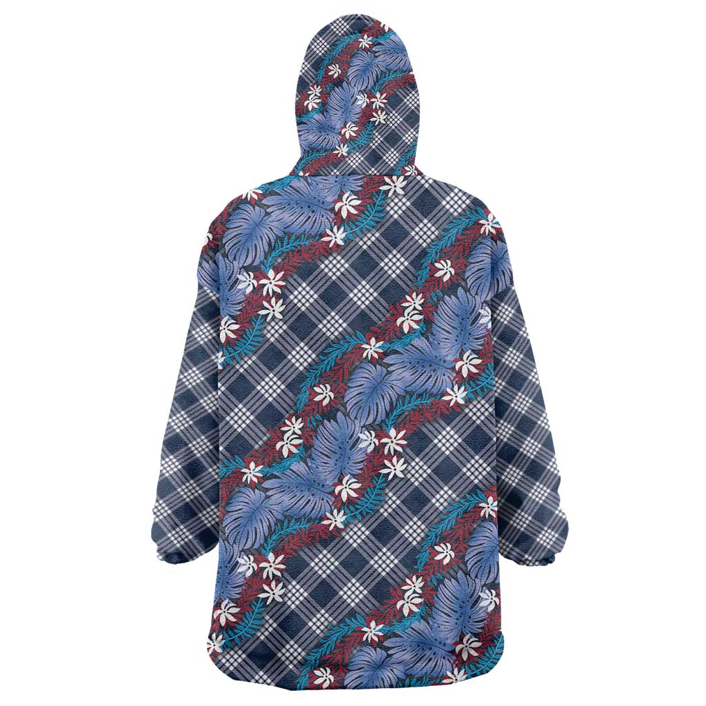 Polynesian Monstera Tiare Floral Wearable Blanket Hoodie Royal Blue Tropical Plaid LT01 - Polynesian Pride