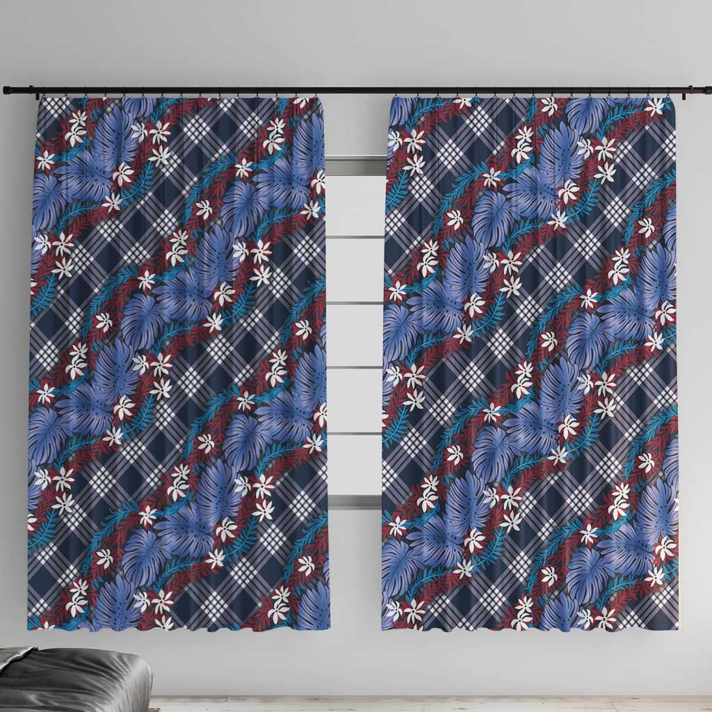 Polynesian Monstera Tiare Floral Window Curtain Royal Blue Tropical Plaid - Polynesian Pride