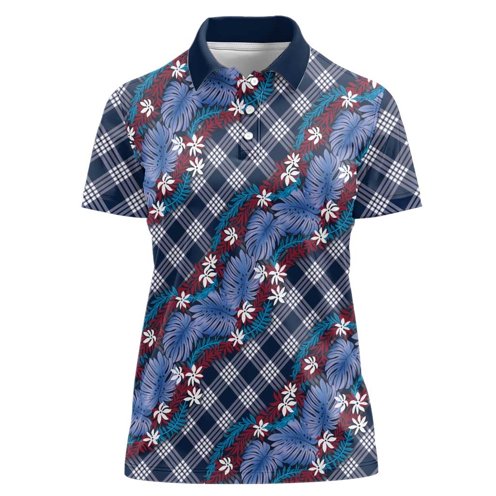 Polynesian Monstera Tiare Floral Women Polo Shirt Royal Blue Tropical Plaid LT01 Female Blue - Polynesian Pride