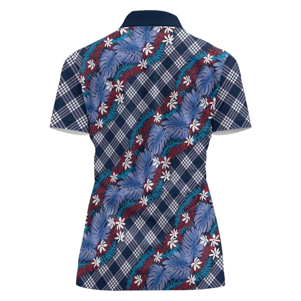 Polynesian Monstera Tiare Floral Women Polo Shirt Royal Blue Tropical Plaid LT01 - Polynesian Pride