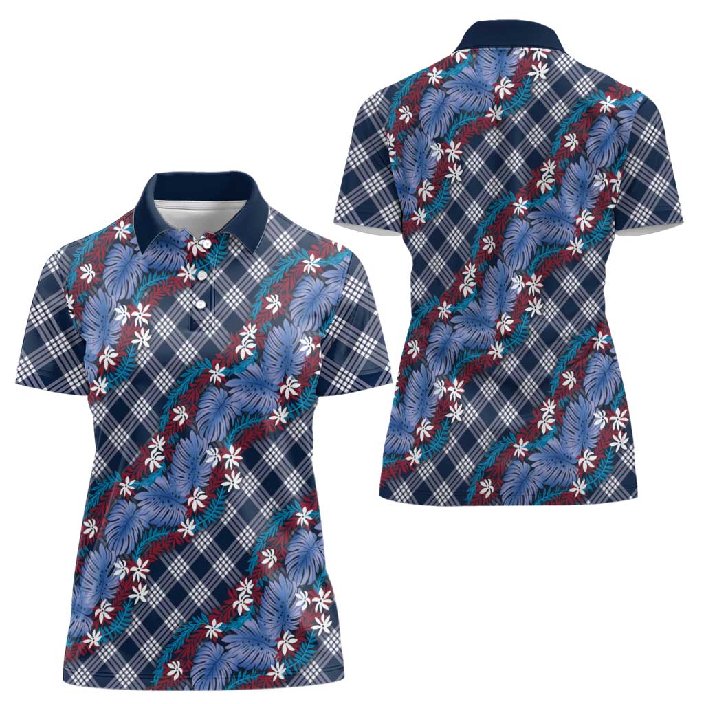 Polynesian Monstera Tiare Floral Women Polo Shirt Royal Blue Tropical Plaid LT01 - Polynesian Pride