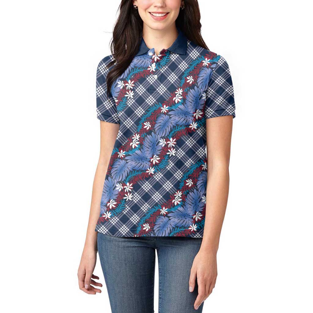 Polynesian Monstera Tiare Floral Women Polo Shirt Royal Blue Tropical Plaid LT01 - Polynesian Pride