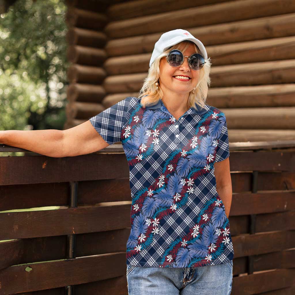 Polynesian Monstera Tiare Floral Women Polo Shirt Royal Blue Tropical Plaid LT01 - Polynesian Pride