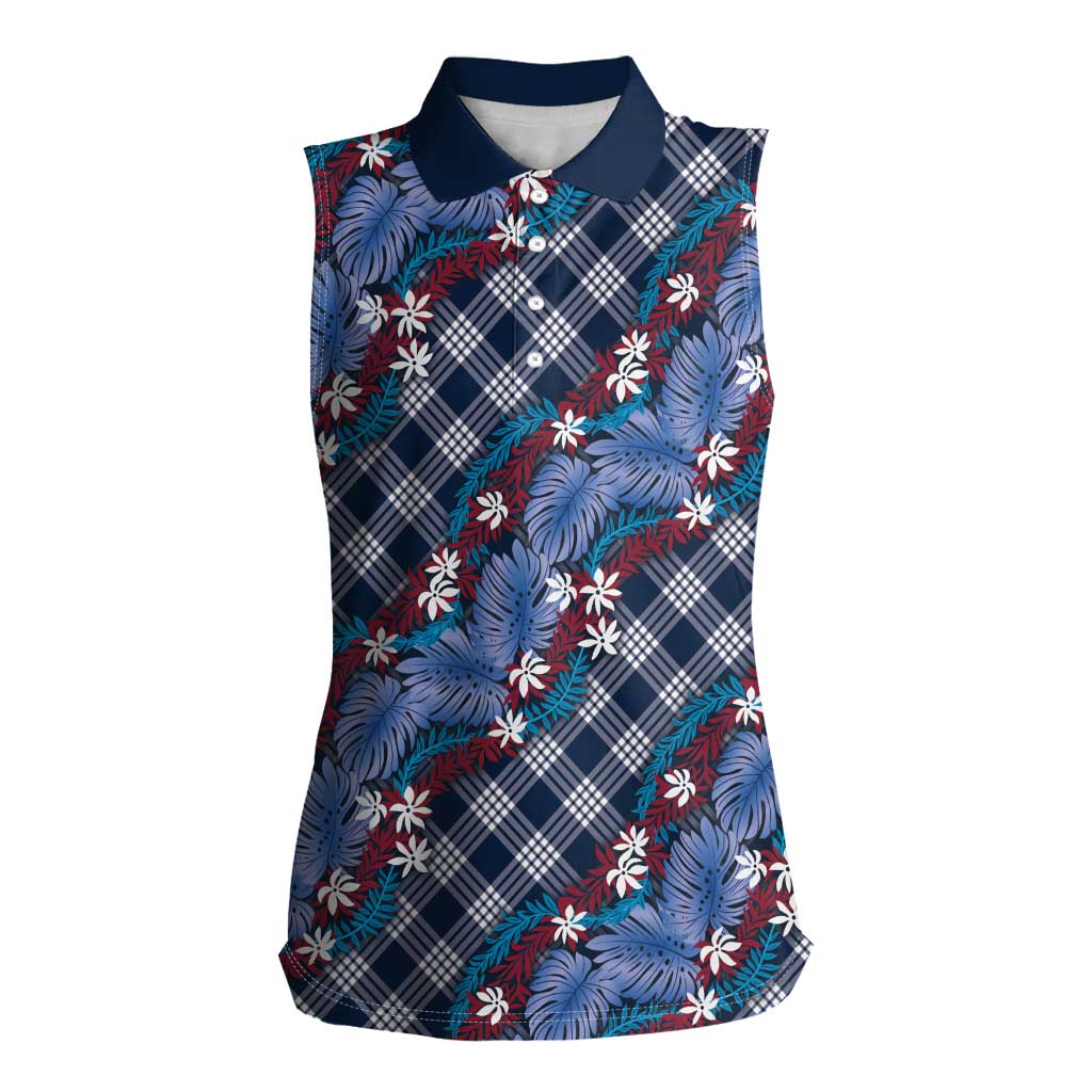 Polynesian Monstera Tiare Floral Women Sleeveless Polo Shirt Royal Blue Tropical Plaid LT01 Female Blue - Polynesian Pride
