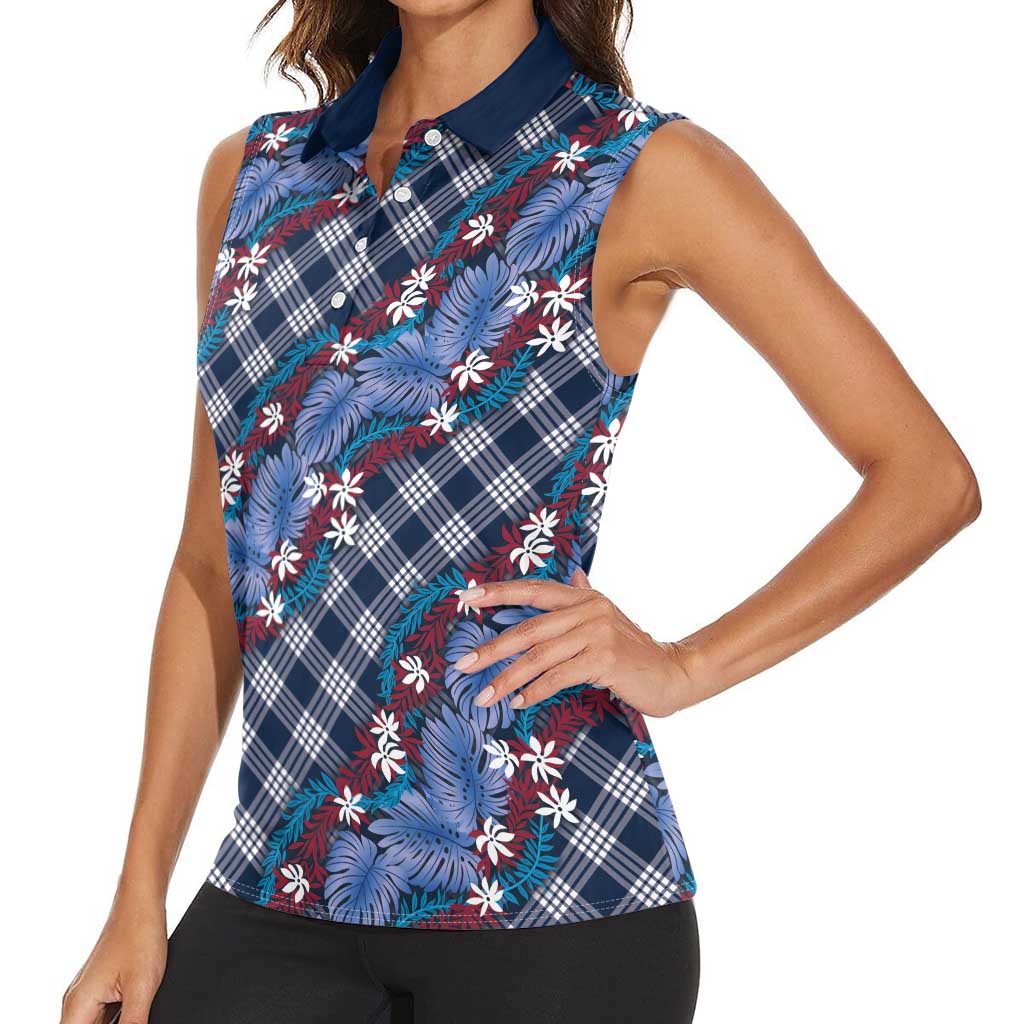 Polynesian Monstera Tiare Floral Women Sleeveless Polo Shirt Royal Blue Tropical Plaid LT01 - Polynesian Pride