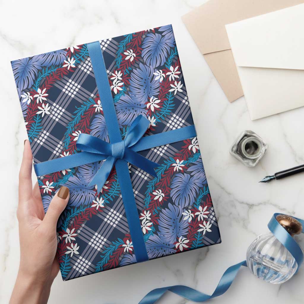 Polynesian Monstera Tiare Floral Wrapping Paper Royal Blue Tropical Plaid - Polynesian Pride