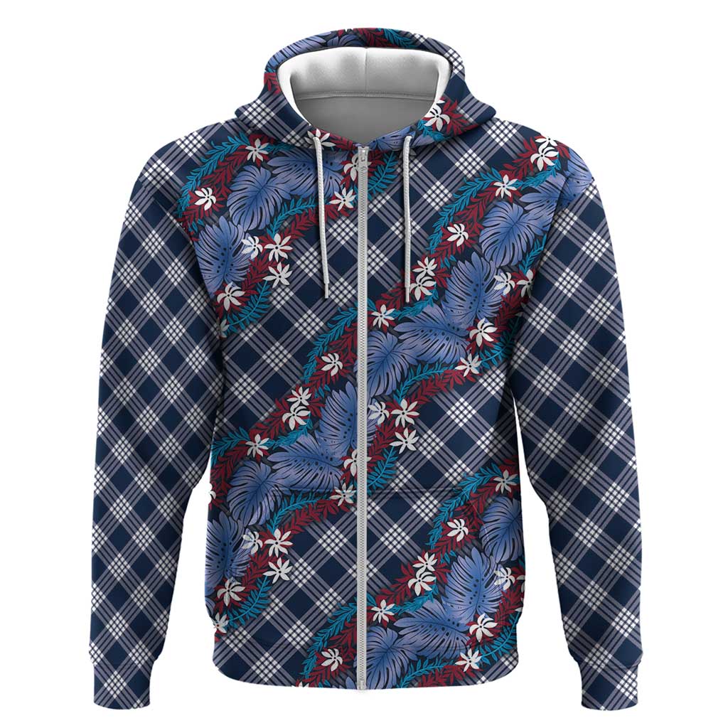 Polynesian Monstera Tiare Floral Zip Hoodie Royal Blue Tropical Plaid LT01 Zip Hoodie Blue - Polynesian Pride