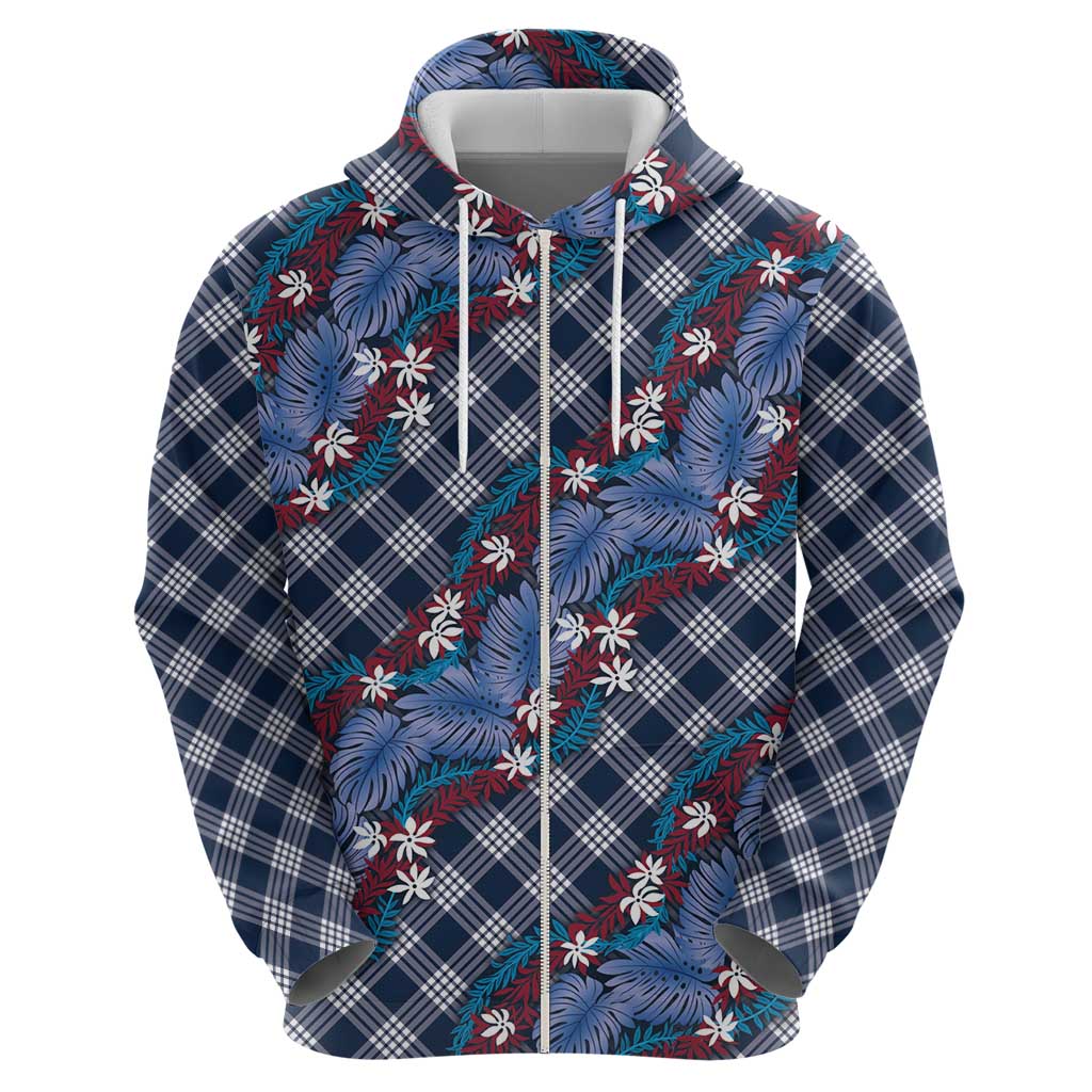 Polynesian Monstera Tiare Floral Zip Hoodie Royal Blue Tropical Plaid LT01 - Polynesian Pride