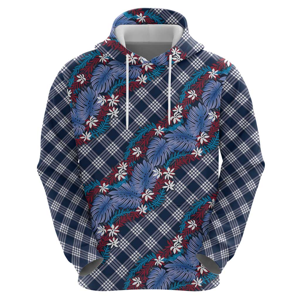 Polynesian Monstera Tiare Floral Zip Hoodie Royal Blue Tropical Plaid LT01 - Polynesian Pride