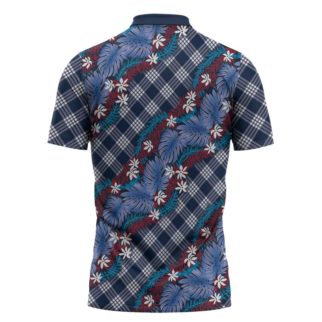 Polynesian Monstera Tiare Floral Zipper Polo Shirt Royal Blue Tropical Plaid LT01 - Polynesian Pride