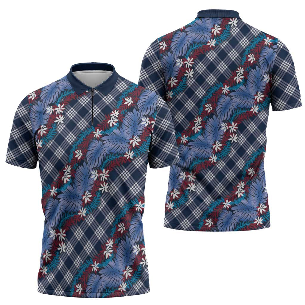 Polynesian Monstera Tiare Floral Zipper Polo Shirt Royal Blue Tropical Plaid LT01 - Polynesian Pride