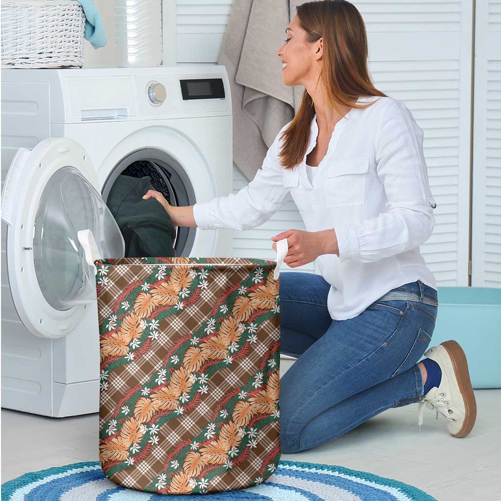 Polynesian Monstera Tiare Floral Laundry Basket Chocolate Brown Tropical Plaid LT01 - Polynesian Pride