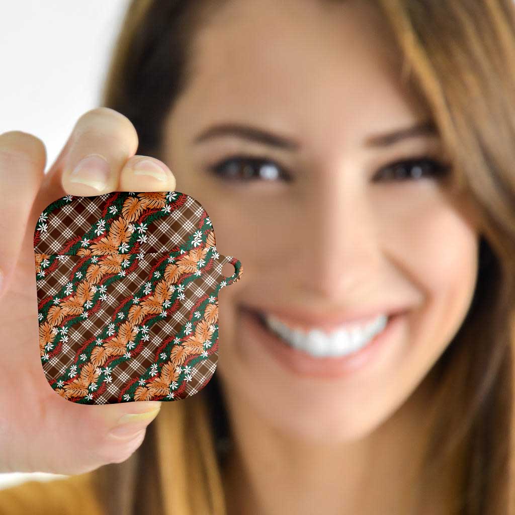 Polynesian Monstera Tiare Floral AirPods Case Chocolate Brown Tropical Plaid - Polynesian Pride
