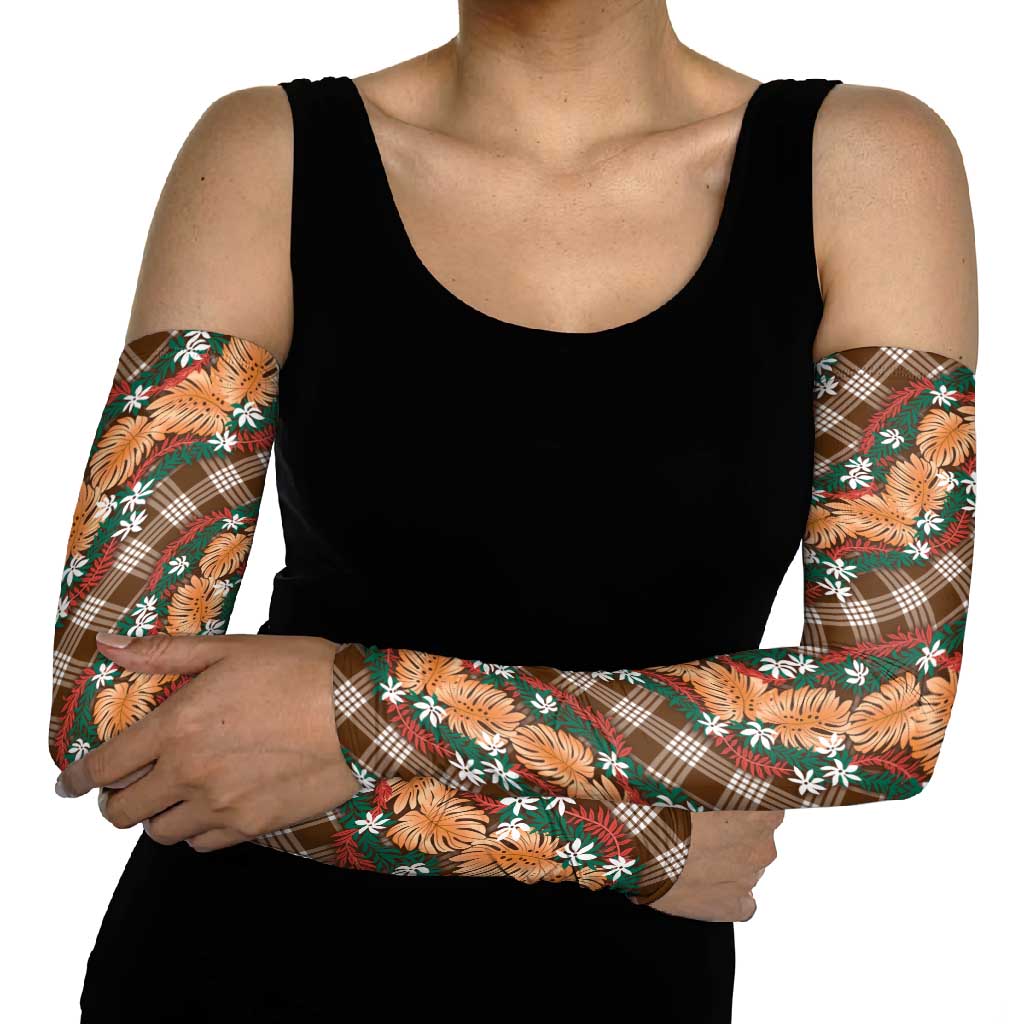 Polynesian Monstera Tiare Floral Arm Sleeves Chocolate Brown Tropical Plaid LT01 - Polynesian Pride