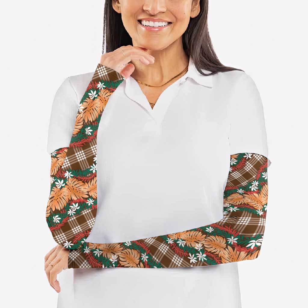 Polynesian Monstera Tiare Floral Arm Sleeves Chocolate Brown Tropical Plaid LT01 - Polynesian Pride
